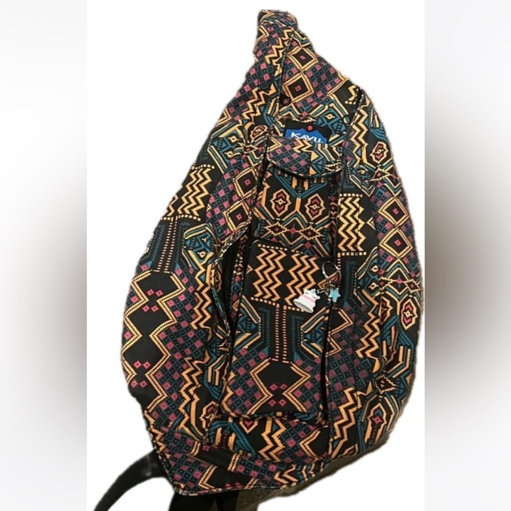 Kavu Aztec Tribal Crossbody Sling Backpack medium size Orange/Pink/Teal